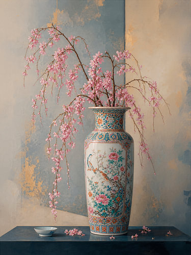 Elegantes Stillleben aus chinesischem „Famille Rose“-Porzellan mit rosa Blüten
