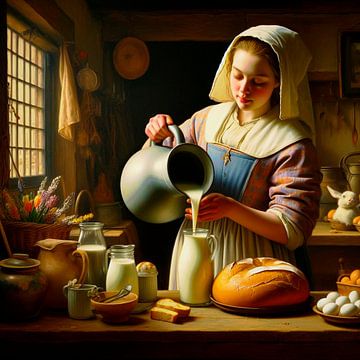 Melkmeisje van Johannes Vermeer bakt een Paasbrood.Popart van Ineke de Rijk