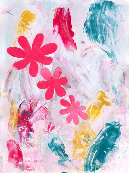 Radiance - Abstract Flower Painting | Modern Wall Art in Blue, Pink and Yellow by Theda Wiebrands