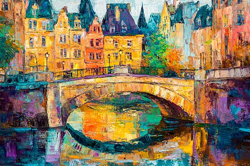 Kleurrijke stadsbrug met gebouwen