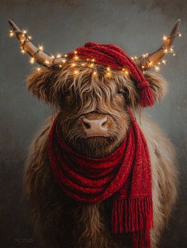 Schotse hooglander portret met kerstverlichting en rode winteraccessoires van But First Framing