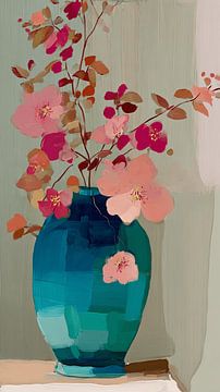 Roze bloemen in blauwe vaas van Studio Allee