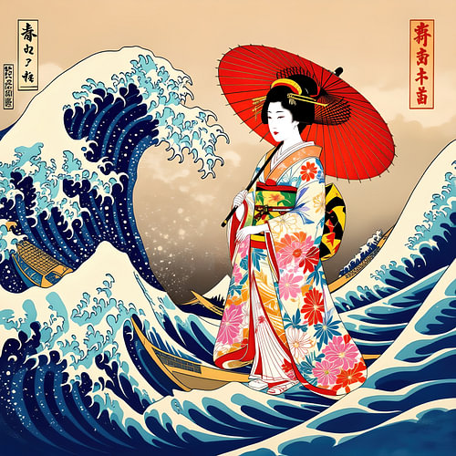 Moderne japanische Kunst: Frau auf einem Boot