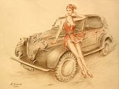 Model und Oldtimer - Vintage Car Gemälde von Marita Zacharias Miniaturansicht