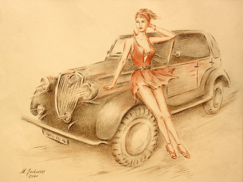 Model und Oldtimer - Vintage car Gemälde von Marita Zacharias