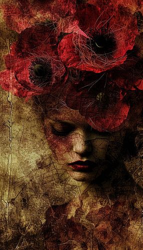 Portrait mélancolique avec couronne de fleurs rouge foncé