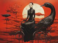 Surreal woman birds black red vehicle landscape mystical