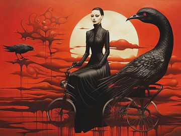 Surreal vrouw vogels zwart rood voertuig landschap mystiek van gm_designs