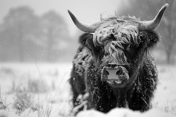 Eindrucksvolles Highlandrind in Schneelandschaft für Natur- und Fotokunstliebhaber von Felix Brönnimann