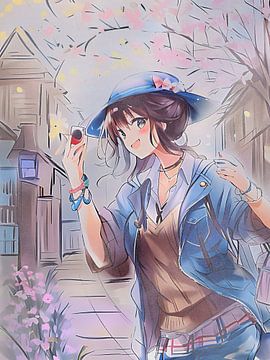 Anime illustratie meisje met spijkerjas van Emiel de Lange