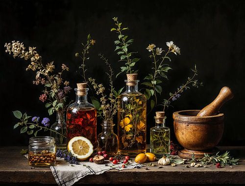 Apothekersflessen met kruiden en bloemen – botanische compositie met vijzel