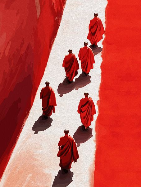 Monks Walking Minimalist Red Robe Spiritual Journey by Ramy Salah Hefny