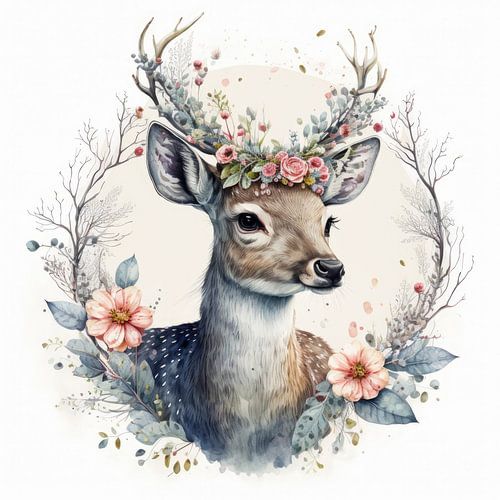 A watercolour of a deer with flowers in its antlers