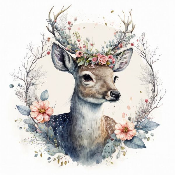 A watercolour of a deer with flowers in its antlers by Vlindertuin-Art
