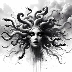 Medusa : œuvre d'art en noir et blanc avec des cheveux de serpent