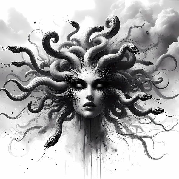 Medusa: Black and white artwork with snake hair by ButterflyPix