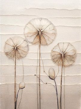 Abstract Japandi artwork of 3 spent dandelions by Studio Pieternel