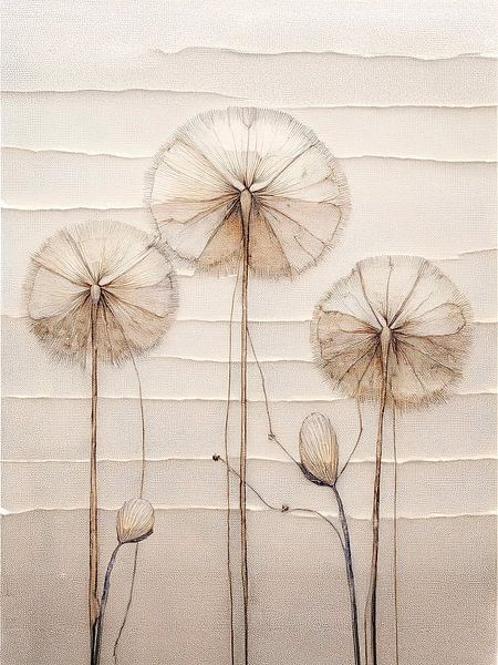 Abstract Japandi artwork of 3 spent dandelions by Studio Pieternel
