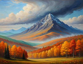 Majestueux paysage de montagne en automne, forêts aux nuances superposées d'orange, de rouge et de jaune doré sous un ciel orageux, perspective pleine d'ambiance.