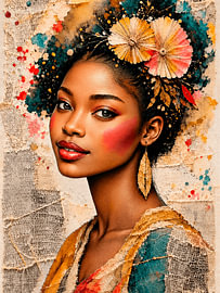 Portrait bohème moderne avec des fleurs et une texture textile sur Studio Pieternel