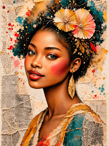 Portrait bohème moderne avec des fleurs et une texture textile