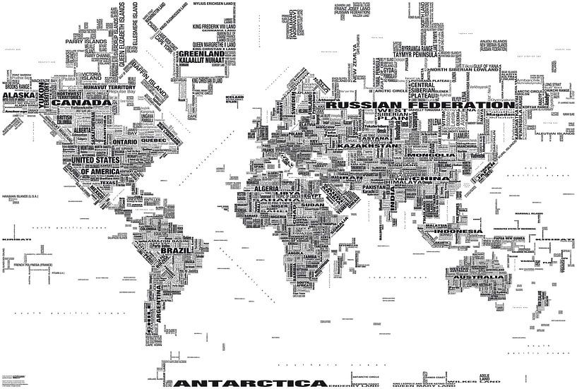 Wereldkaart Typografie, Zwart & Wit  van MAPOM Geoatlas