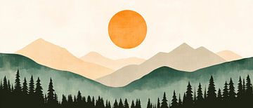 Zonsondergang over glooiende bergen van Poster Art Shop