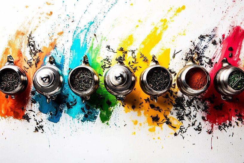 Bunte Teekannen und Tee von Art & Soul Creations