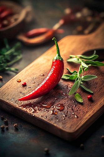 Fresh red chilli on a wooden board by Poster Art Shop