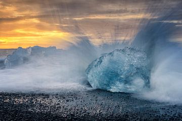 Iceberg block shape on the Jokulsarlong lava beach during sunrise by Sjoerd van der Wal