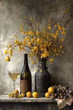 Bloemen en Wijn Stilleven -  Geel Elegant Schilderij