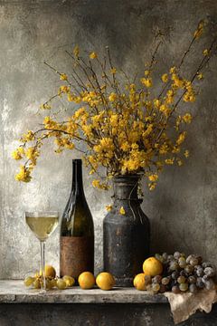 Flowers and Wine Still Life - Yellow Elegant Painting