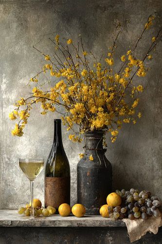 Bloemen en Wijn Stilleven -  Geel Elegant Schilderij