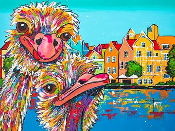 Vrolijke struisvogels in Punda, Curaçao van Happy Paintings
