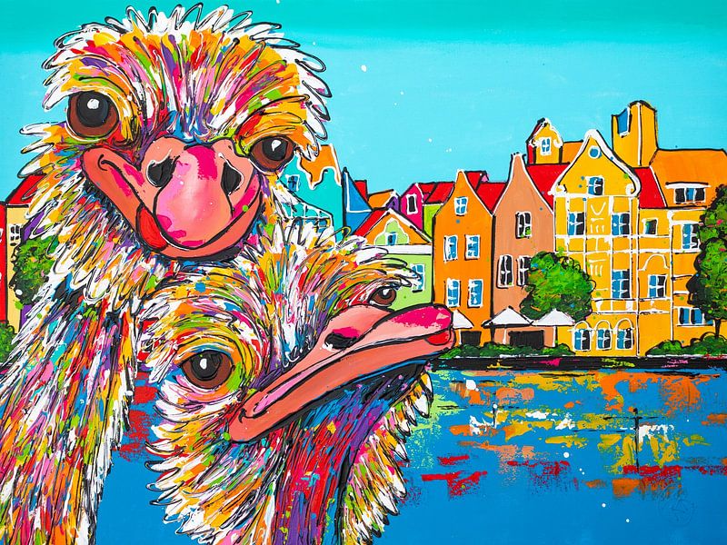 Fröhliche Strauße in Punda, Curaçao von Happy Paintings / Renata Rolefes