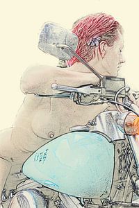 Malerische Arbeit einer rothaarigen nackten Frau auf einem Motorrad