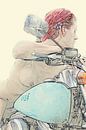 Malerische Arbeit einer rothaarigen nackten Frau auf einem Motorrad von Cor Heijnen Miniaturansicht