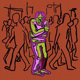 Dessin au trait néo-expressionniste sur le thème de la dépression : visage abstrait et émotionnel sur Aden Pink Studio