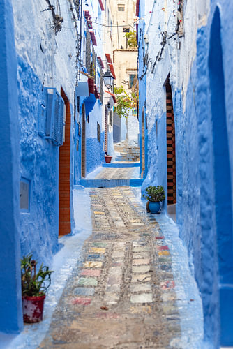 A blue, winding alleyway with red doors and colourful stones