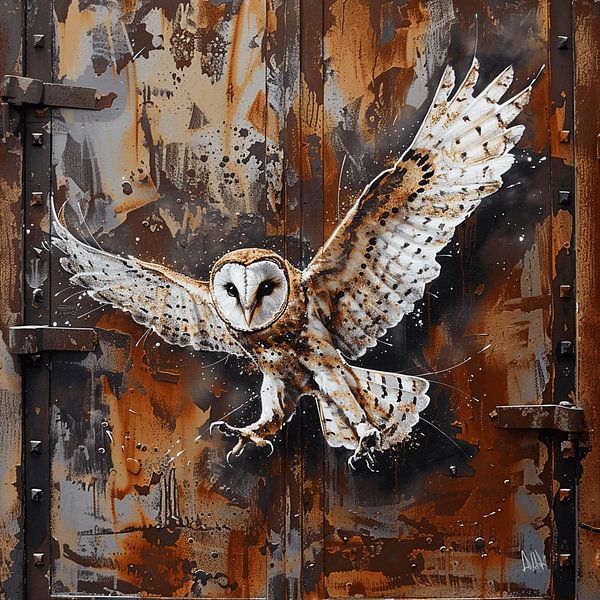 Graffiti Schleiereule Greifvogel fliegend Rost Metall urban von gm_designs