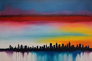 Lebendiger städtischer Sonnenuntergang in Farbe von De Muurdecoratie