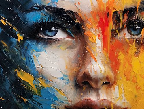 Abstraktes farbenfrohes Gesicht einer attraktiven Frau mit blauen Augen, Acryl