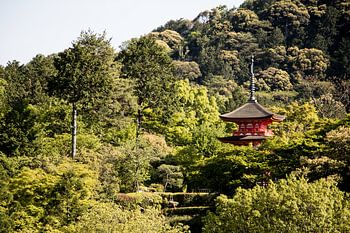 Turm in der grünen japanischen Landschaft.