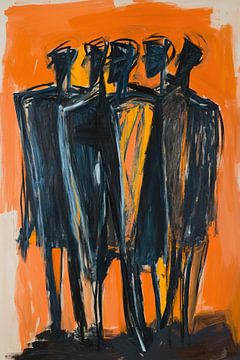 Donkere mensen | Donkere figuren in oranje achtergrond van Kunst Kriebels