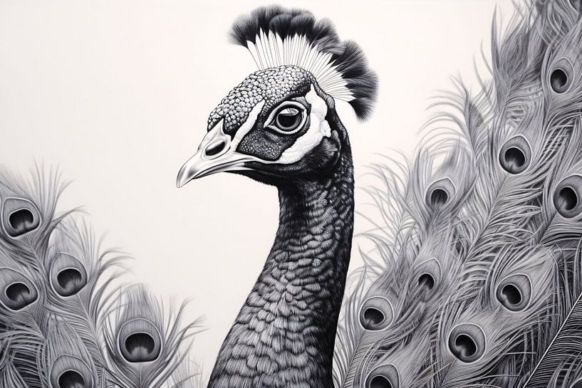 zwart-witte-tekening-van-een-pauw
