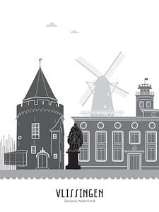 Skyline illustratie stad Vlissingen zwart-wit-grijs van Mevrouw Emmer