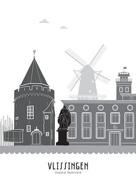Skyline Illustration Stadt Vlissingen schwarz-weiß-grau von Mevrouw Emmer