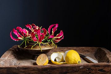 Still life with red climbing lily and peeled lemon by Affect Fotografie
