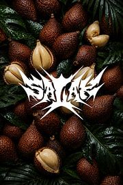 Poster met heavy metal-typografie, wanddecoratie met salakvrucht, donkere tropische inrichting van aleesphoria