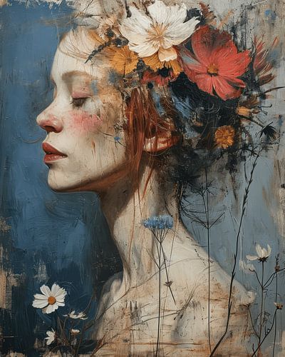 Modern en abstract portret met bloemen